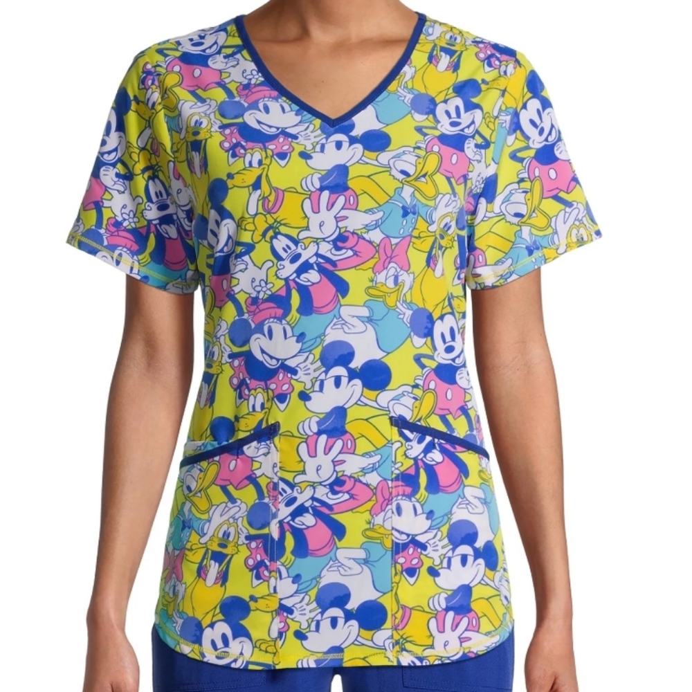 Disney Women's V-Neck Character Srub Top  Mickey, Minnie, Goofy, Donald, & More